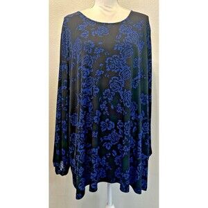 Susan Graver Liquid Knit Royal Blue & Black Floral Tunic Top Plus Size 5X  34/36